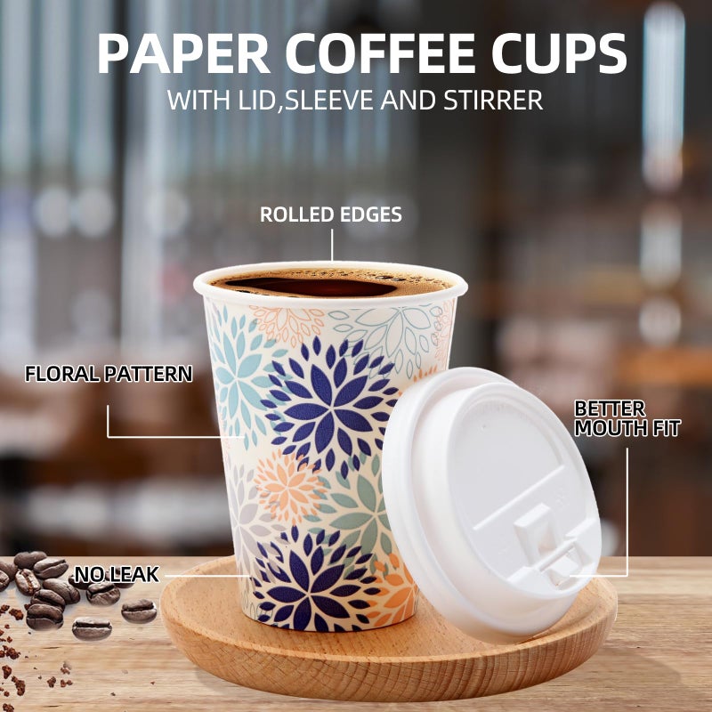 Tamone 100 PACK 12OZ Disposable Coffee Cups with Lids, To Go Coffee Cups with Lids Leak Proof, White and Blue Paper Cups Flower Design for Cold/Hot Coffee Beverage Chocolate Cocoa for Home Office - Image 3